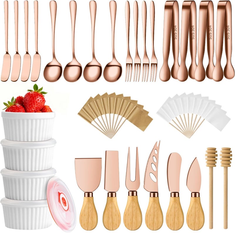 ELIMTEC Charcuterie Boards Accessories Bowls, Cheese Knife Set Mini Butter Spreader, Serving Tong, Fork, Spoon, Dipping Bowls with Lids, Toothpick Flags, Honey Dippers For Party Platter Making (RoseGold) - Image 1